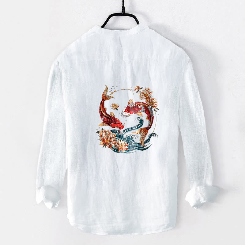 Camisa de manga larga para hombre, de algodón y lino, con estampado de piedras de Buddha Stones, peces koi y olas de loto, y botones a la mitad. - image 2