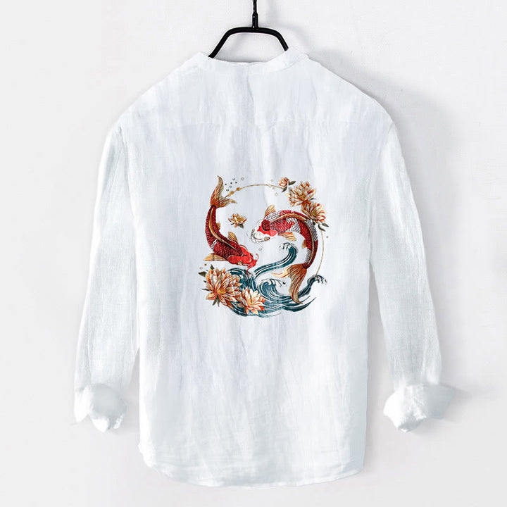 Camisa de manga larga para hombre, de algodón y lino, con estampado de piedras de Buddha Stones, peces koi y olas de loto, y botones a la mitad. - image 2