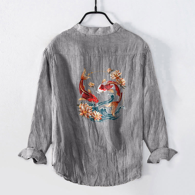 Camisa de manga larga para hombre, de algodón y lino, con estampado de piedras de Buddha Stones, peces koi y olas de loto, y botones a la mitad. - image 8