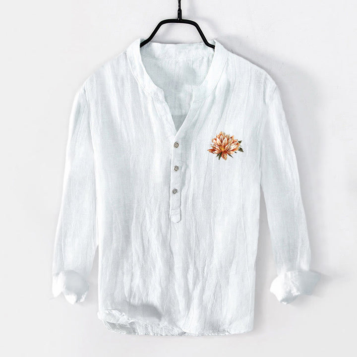 Camisa de manga larga para hombre, de algodón y lino, con estampado de piedras de Buddha Stones, peces koi y olas de loto, y botones a la mitad. - image 1