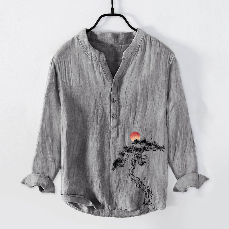 Camisa de manga larga para hombre, de algodón y lino, con estampado de Buddha Stones, pino y sol rojo, con botones a la mitad. - Gris - US/UK/AU50, EU60 (5XL) - image 3