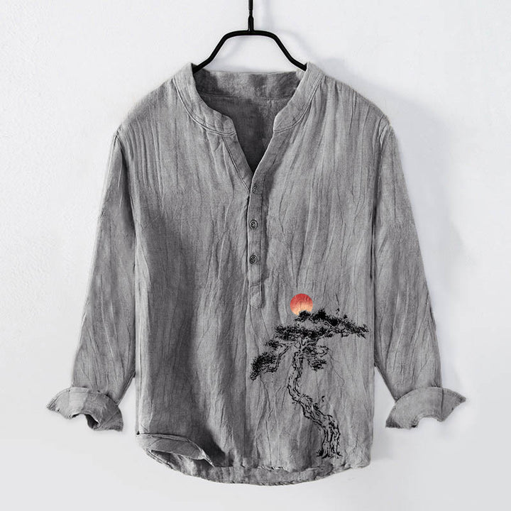 Camisa de manga larga para hombre, de algodón y lino, con estampado de Buddha Stones, pino y sol rojo, con botones a la mitad. - Gris - US/UK/AU50, EU60 (5XL) - image 3