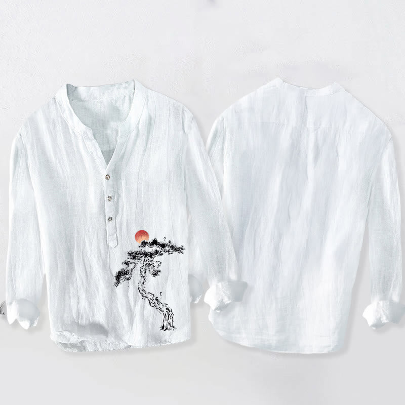 Camisa de manga larga para hombre, de algodón y lino, con estampado de Buddha Stones, pino y sol rojo, con botones a la mitad. - image 8