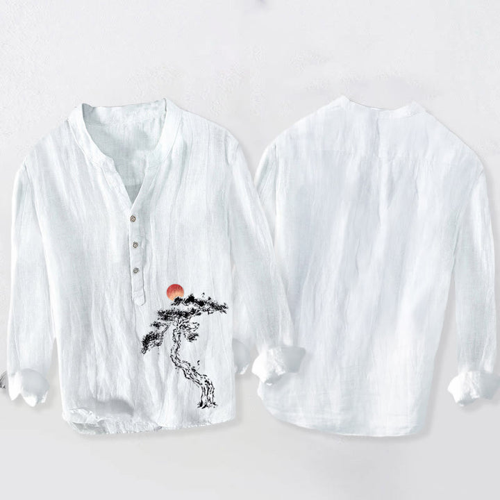 Camisa de manga larga para hombre, de algodón y lino, con estampado de Buddha Stones, pino y sol rojo, con botones a la mitad. - image 8