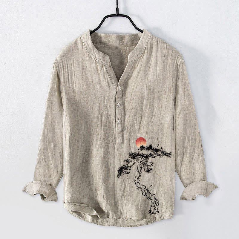 Camisa de manga larga para hombre, de algodón y lino, con estampado de Buddha Stones, pino y sol rojo, con botones a la mitad. - Lino - US/UK/AU50, EU60 (5XL) - image 0