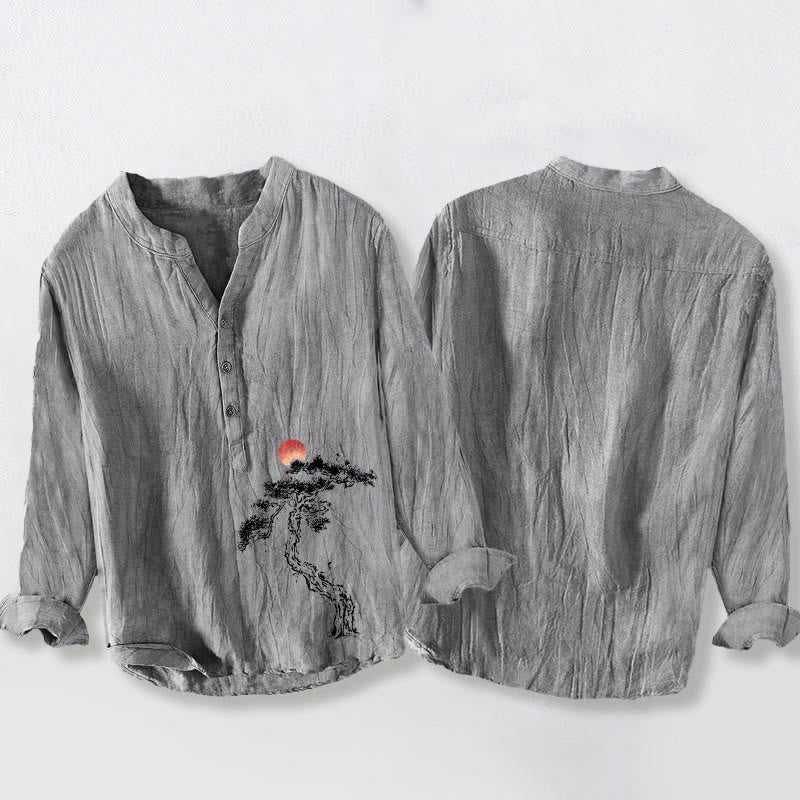 Camisa de manga larga para hombre, de algodón y lino, con estampado de Buddha Stones, pino y sol rojo, con botones a la mitad. - image 5