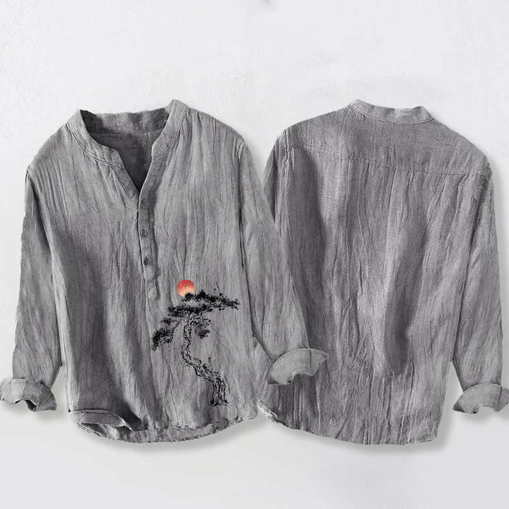 Camisa de manga larga para hombre, de algodón y lino, con estampado de Buddha Stones, pino y sol rojo, con botones a la mitad. - image 5