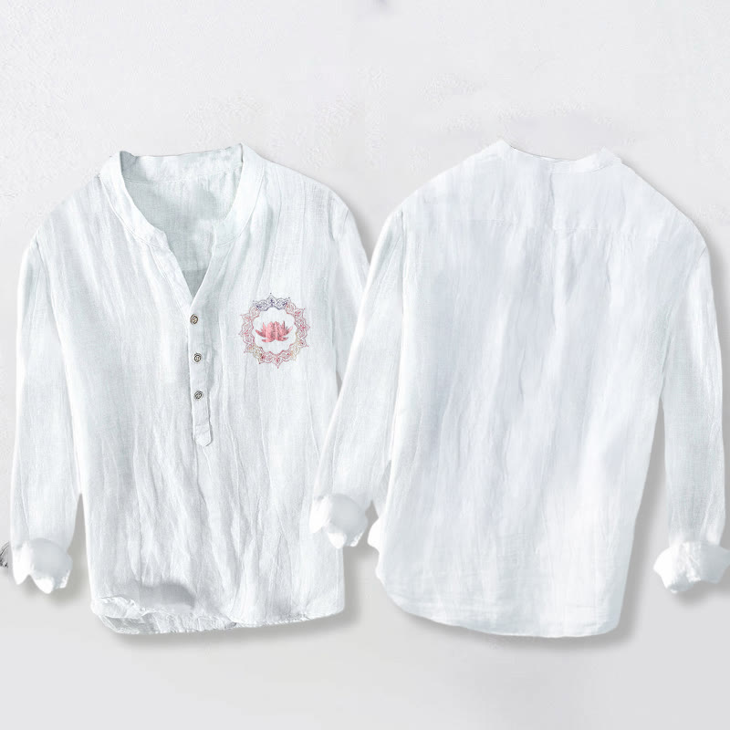 Camisa de manga larga de lino y algodón para hombre con estampado de mandala de loto y Buddha Stones, con botones y medio botón - image 2