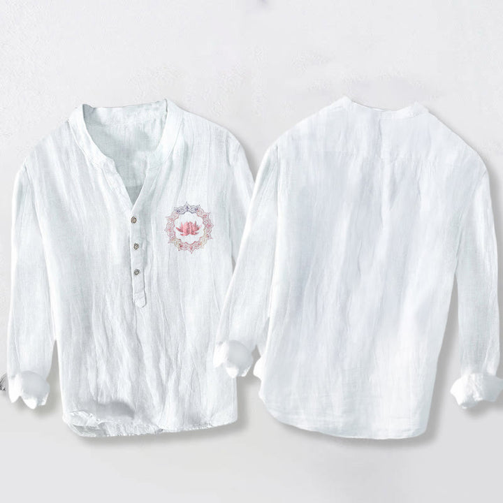 Camisa de manga larga de lino y algodón para hombre con estampado de mandala de loto y Buddha Stones, con botones y medio botón - image 2