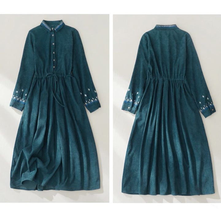 Vestido midi de manga larga con diseño de cordones, bordado floral con Buddha Stones y bolsillos - image 17