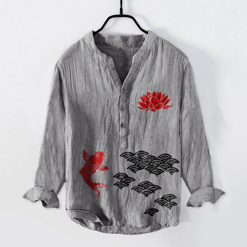 Camisa de manga larga de algodón y lino para hombre con diseño de Buddha Stones, peces koi, loto y nubes auspiciosas, con botones a media pierna. - Gris - US/UK/AU50, UE60 (5XL) - image 0
