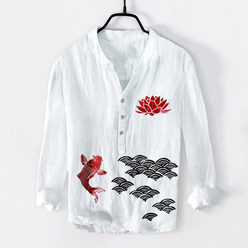 Camisa de manga larga de algodón y lino para hombre con diseño de Buddha Stones, peces koi, loto y nubes auspiciosas, con botones a media pierna. - Blanco - US/UK/AU50, EU60 (5XL) - image 3