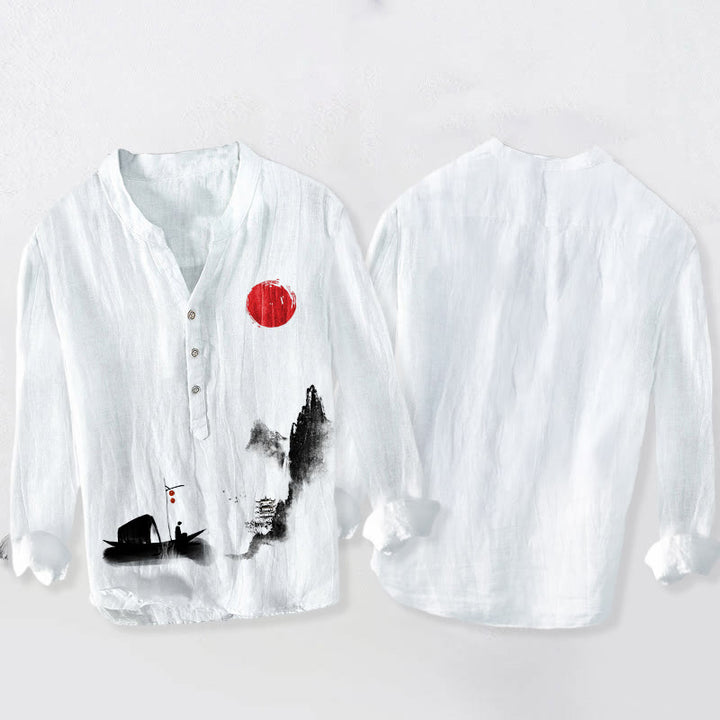 Camisa de manga larga de algodón y lino para hombre, con botones, diseño de Buddha Stones , montañas, pescador, barco, sol rojo - image 2