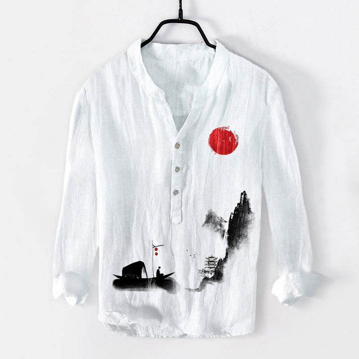 Camisa de manga larga de algodón y lino para hombre, con botones, diseño de Buddha Stones , montañas, pescador, barco, sol rojo - Blanco - US/UK/AU50, EU60 (5XL) - image 0