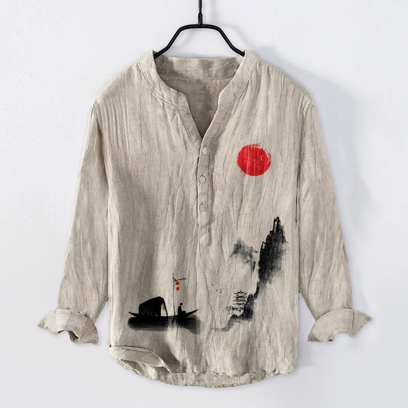 Camisa de manga larga de algodón y lino para hombre, con botones, diseño de Buddha Stones , montañas, pescador, barco, sol rojo - Lino - US/UK/AU50, EU60 (5XL) - image 6