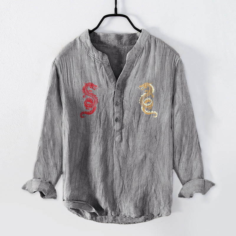 Camisa de manga larga para hombre de algodón y lino con estampado de doble dragón y Buddha Stones, con botones a la mitad. - Gris - US/UK/AU50, EU60 (5XL) - image 0