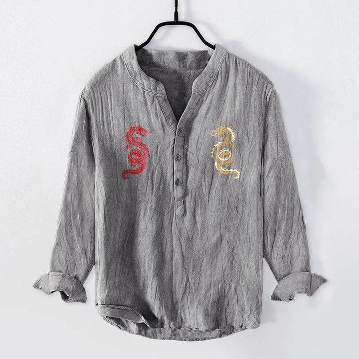 Camisa de manga larga para hombre de algodón y lino con estampado de doble dragón y Buddha Stones, con botones a la mitad. - Gris - US/UK/AU50, EU60 (5XL) - image 0