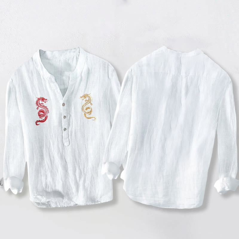 Camisa de manga larga para hombre de algodón y lino con estampado de doble dragón y Buddha Stones, con botones a la mitad. - image 5