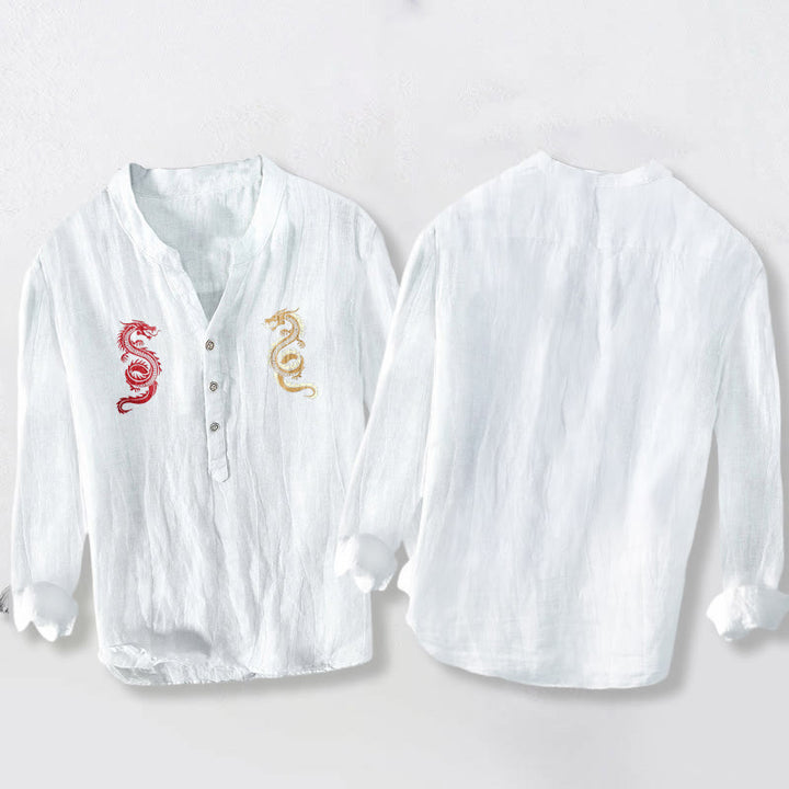 Camisa de manga larga para hombre de algodón y lino con estampado de doble dragón y Buddha Stones, con botones a la mitad. - image 5