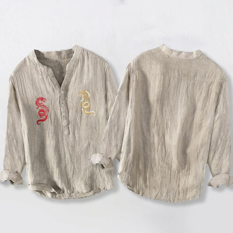 Camisa de manga larga para hombre de algodón y lino con estampado de doble dragón y Buddha Stones, con botones a la mitad. - image 8