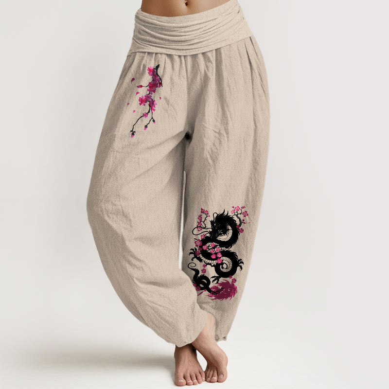 Buddha Stones Pantalones harén de algodón con cintura elástica para mujer con estampado de flores de cerezo y dragón - Broncearse - US16，UK/AU20，EU48 (3XL) - image 5