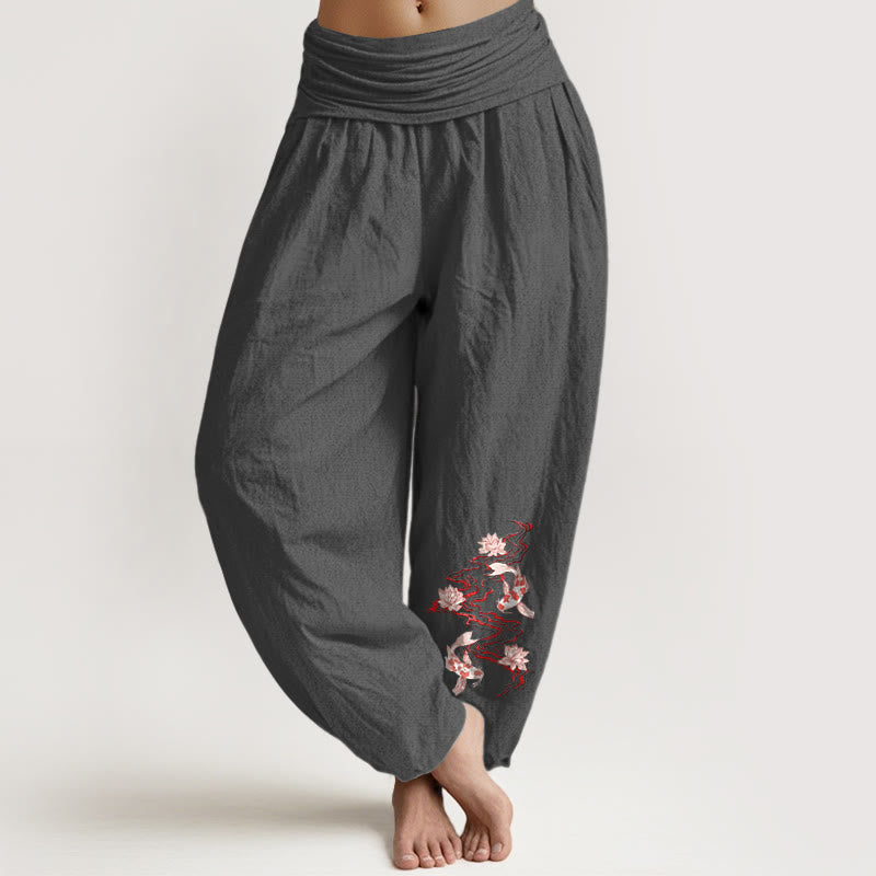 Buddha Stones Pantalones harén de algodón puro con estampado de loto y pez koi para mujer, cintura elástica - Gris oscuro - US16，UK/AU20，EU48 (3XL) - image 8