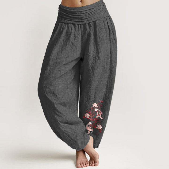 Buddha Stones Pantalones harén de algodón puro con estampado de loto y pez koi para mujer, cintura elástica - Gris oscuro - US16，UK/AU20，EU48 (3XL) - image 8