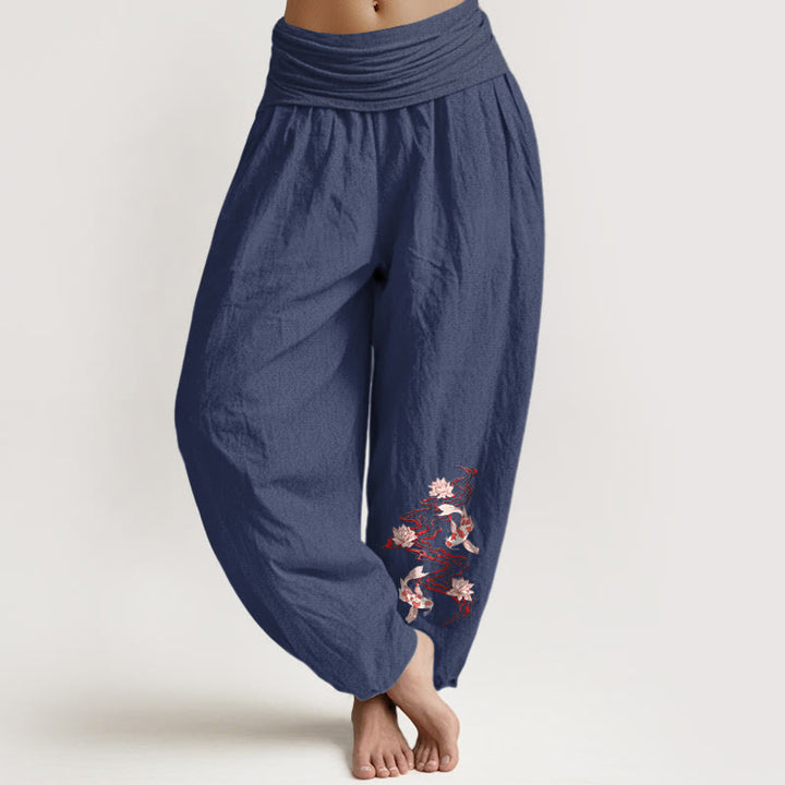 Buddha Stones Pantalones harén de algodón puro con estampado de loto y pez koi para mujer, cintura elástica - Azul pizarra oscuro - US16，UK/AU20，EU48 (3XL) - image 5
