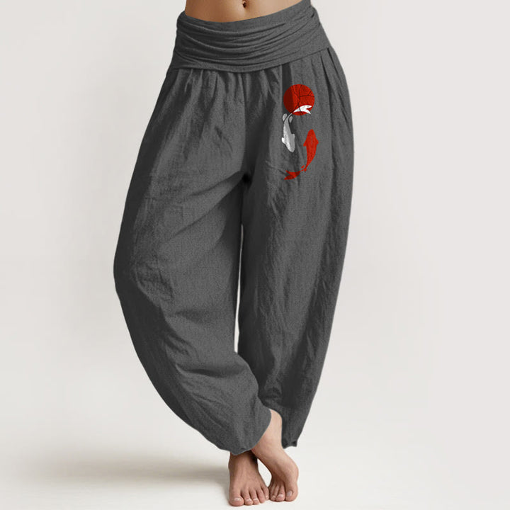 Buddha Stones Pantalones harén de algodón puro con cintura elástica para mujer con estampado de pez koi y sol rojo - Gris oscuro - US16，UK/AU20，EU48 (3XL) - image 5
