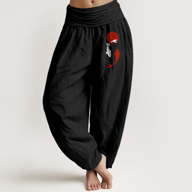 Buddha Stones Pantalones harén de algodón puro con cintura elástica para mujer con estampado de pez koi y sol rojo - Negro - US16，UK/AU20，EU48 (3XL) - image 14