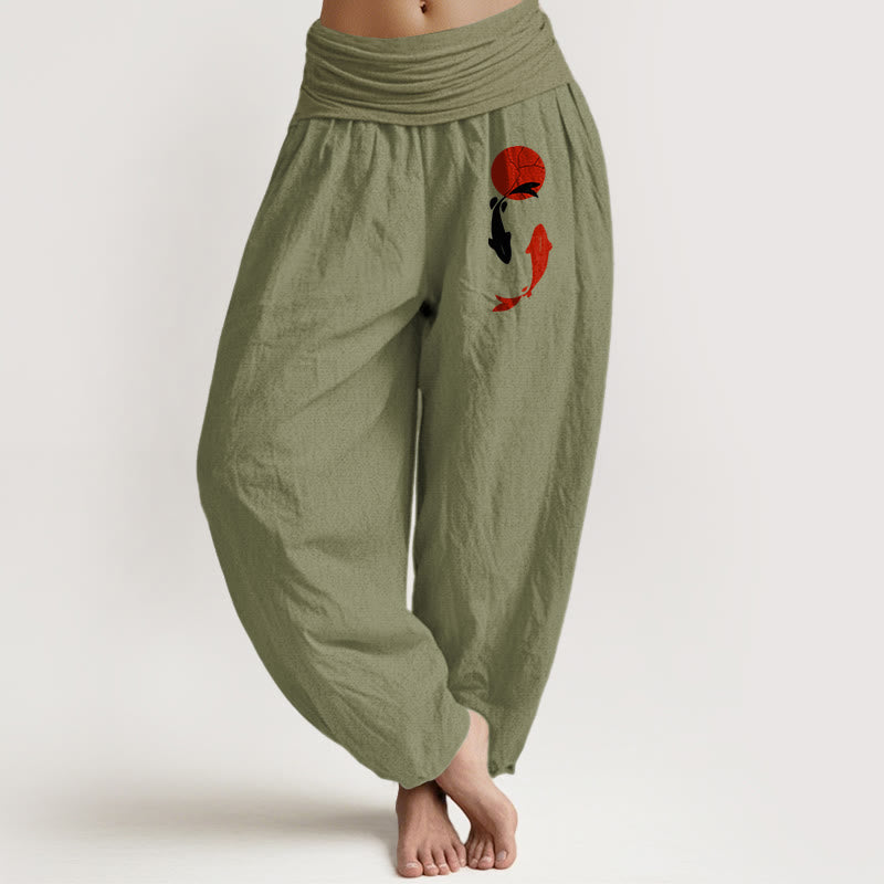 Buddha Stones Pantalones harén de algodón puro con cintura elástica para mujer con estampado de pez koi y sol rojo - Verde oliva - US16，UK/AU20，EU48 (3XL) - image 11