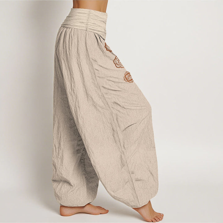 Buddha Stones Pantalones harén de algodón puro con cintura elástica para mujer, con estampado de símbolo de chakras - image 13