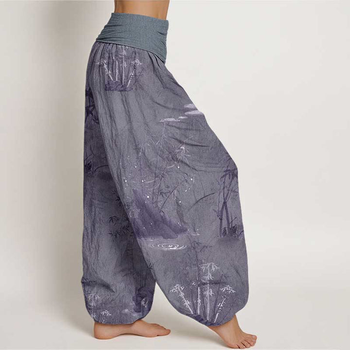 Pantalones harén de algodón puro con estampado de Buddha Stones , informales, de bambú y tinta de roca, con cintura elástica para mujer - image 2
