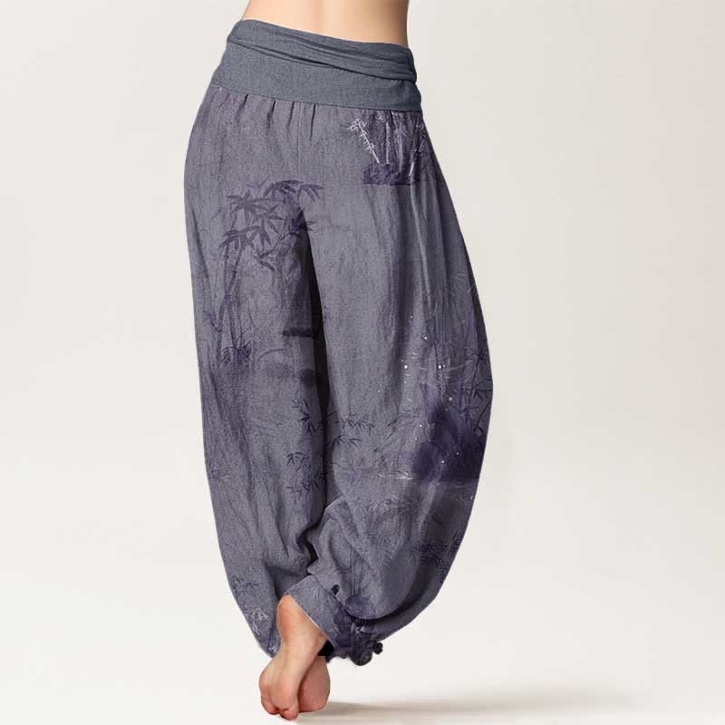 Pantalones harén de algodón puro con estampado de Buddha Stones , informales, de bambú y tinta de roca, con cintura elástica para mujer - image 1