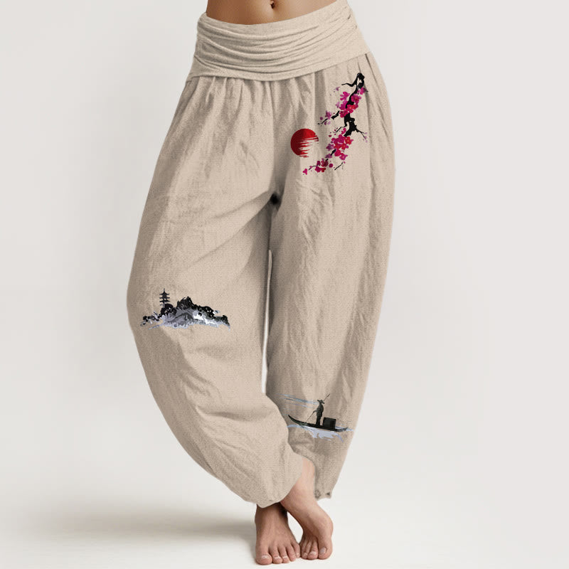 Pantalones bombachos de cintura elástica para mujer, de algodón puro, con estampado de flores de ciruelo , Buddha Stones y motivos de pescadores de montaña. - Broncearse - US16，UK/AU20，EU48 (3XL) - image 0