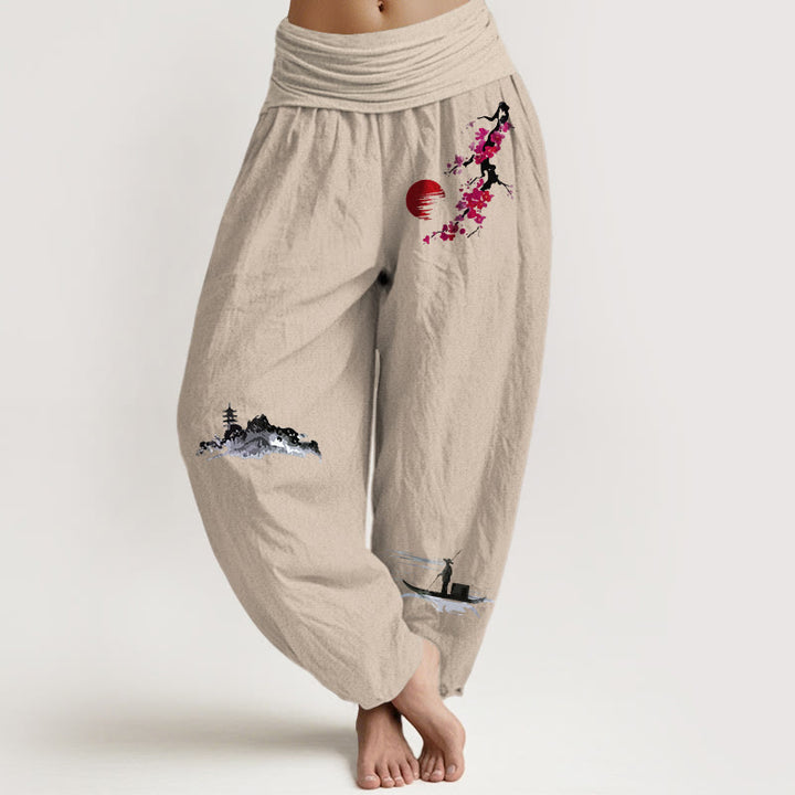 Pantalones bombachos de cintura elástica para mujer, de algodón puro, con estampado de flores de ciruelo , Buddha Stones y motivos de pescadores de montaña. - Broncearse - US16，UK/AU20，EU48 (3XL) - image 0