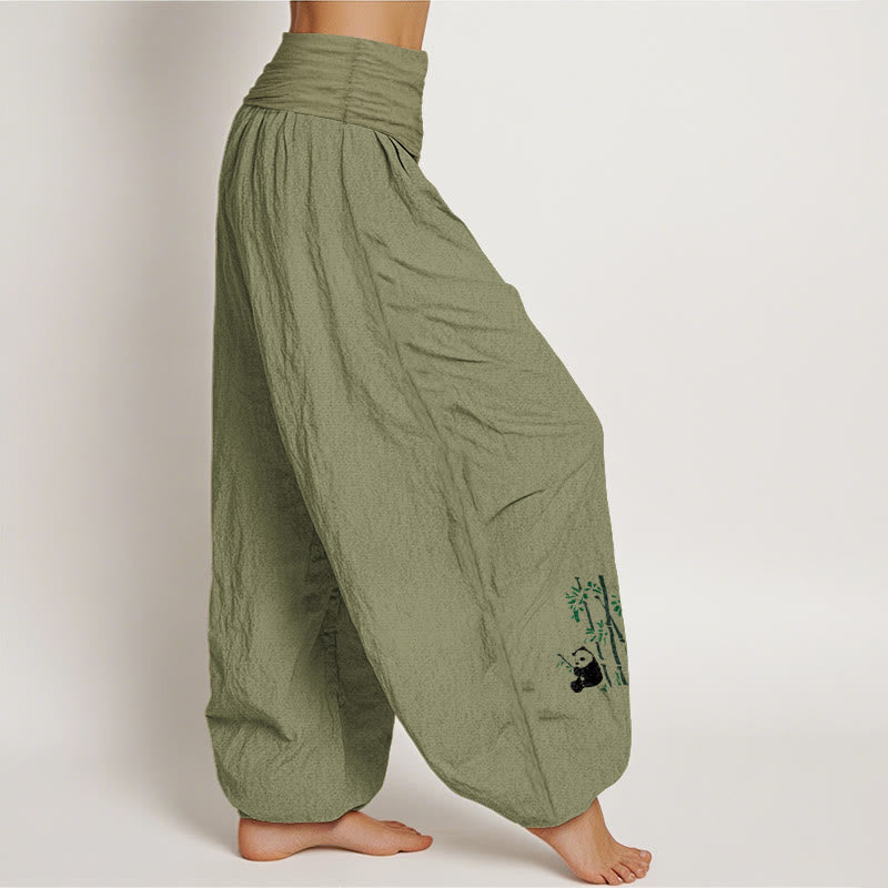 Pantalones bombachos de cintura elástica para mujer, de algodón puro, con estampado de hojas de bambú y pandas con Buddha Stones. - image 16