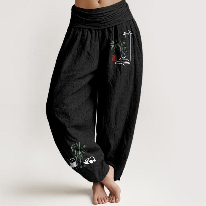 Pantalones bombachos de cintura elástica para mujer, de algodón puro, con estampado de hojas de bambú y pandas con Buddha Stones. - Negro - US16，UK/AU20，EU48 (3XL) - image 0