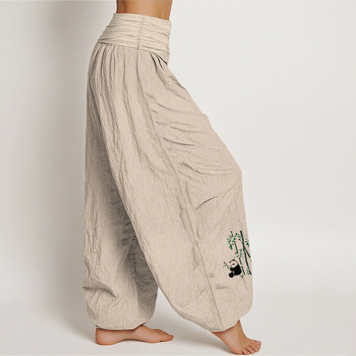 Pantalones bombachos de cintura elástica para mujer, de algodón puro, con estampado de hojas de bambú y pandas con Buddha Stones. - image 13