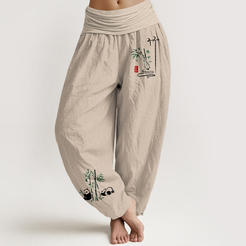 Pantalones bombachos de cintura elástica para mujer, de algodón puro, con estampado de hojas de bambú y pandas con Buddha Stones. - Broncearse - US16，UK/AU20，EU48 (3XL) - image 11
