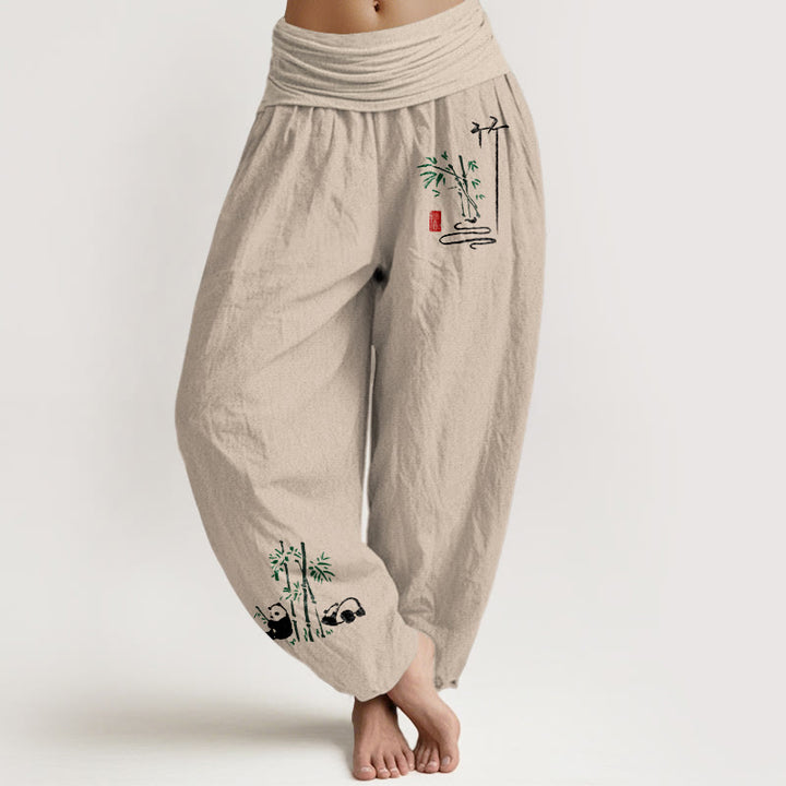 Pantalones bombachos de cintura elástica para mujer, de algodón puro, con estampado de hojas de bambú y pandas con Buddha Stones. - Broncearse - US16，UK/AU20，EU48 (3XL) - image 11