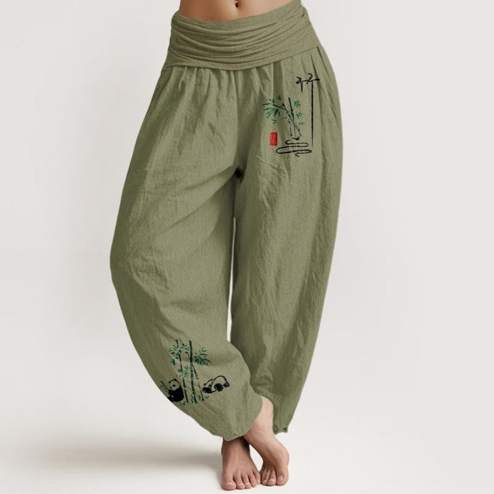 Pantalones bombachos de cintura elástica para mujer, de algodón puro, con estampado de hojas de bambú y pandas con Buddha Stones. - Verde oliva - US16，UK/AU20，EU48 (3XL) - image 14