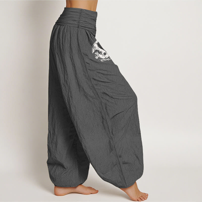 Pantalón tipo harem de cintura elástica para mujer, de algodón puro, con estampado de piedras de Buddha Stones, dragón, yin yang, olas y flores. - image 10