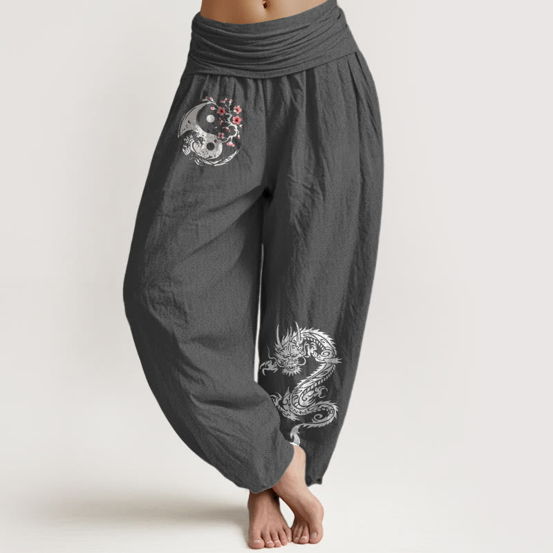 Pantalón tipo harem de cintura elástica para mujer, de algodón puro, con estampado de piedras de Buddha Stones, dragón, yin yang, olas y flores. - Gris tenue - US16，UK/AU20，EU48 (3XL) - image 8