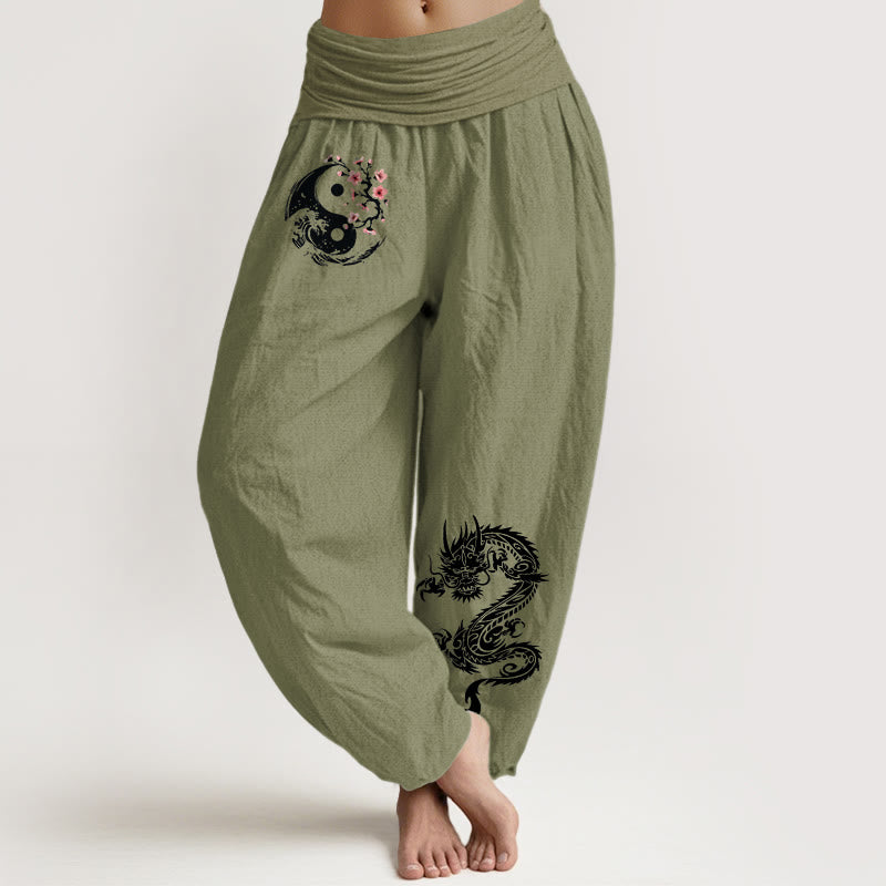 Pantalón tipo harem de cintura elástica para mujer, de algodón puro, con estampado de piedras de Buddha Stones, dragón, yin yang, olas y flores. - Verde oliva - US16，UK/AU20，EU48 (3XL) - image 14