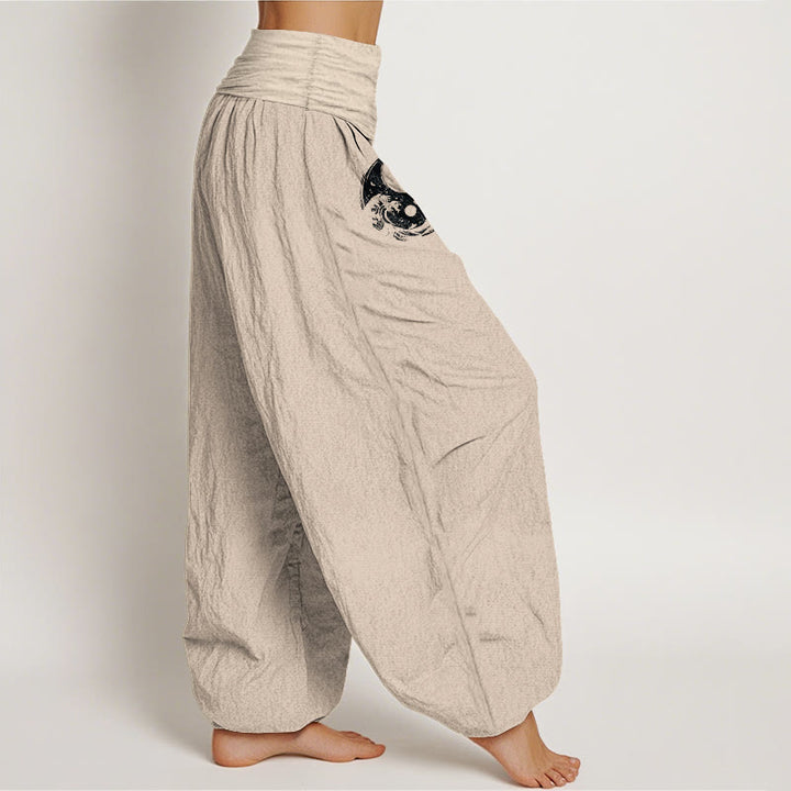 Pantalón tipo harem de cintura elástica para mujer, de algodón puro, con estampado de piedras de Buddha Stones, dragón, yin yang, olas y flores. - image 13
