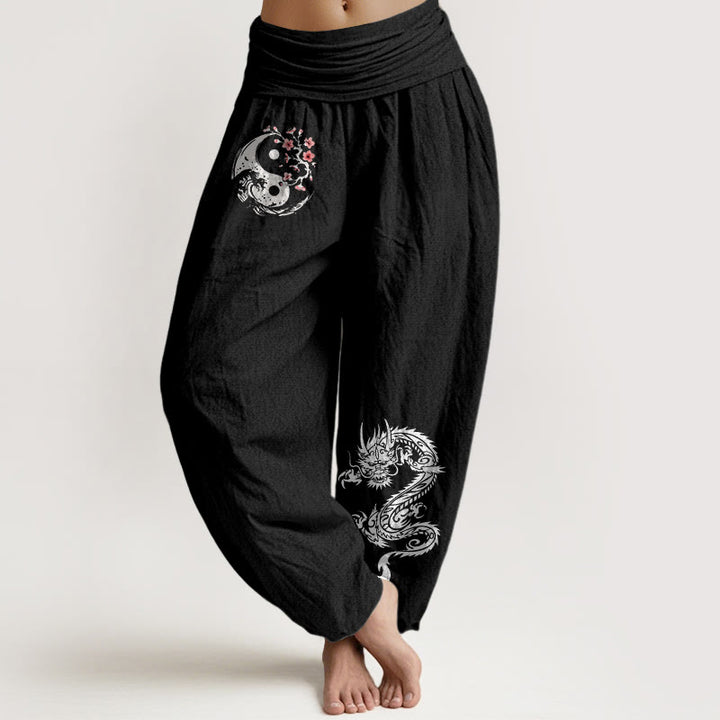Pantalón tipo harem de cintura elástica para mujer, de algodón puro, con estampado de piedras de Buddha Stones, dragón, yin yang, olas y flores. - Negro - US16，UK/AU20，EU48 (3XL) - image 0