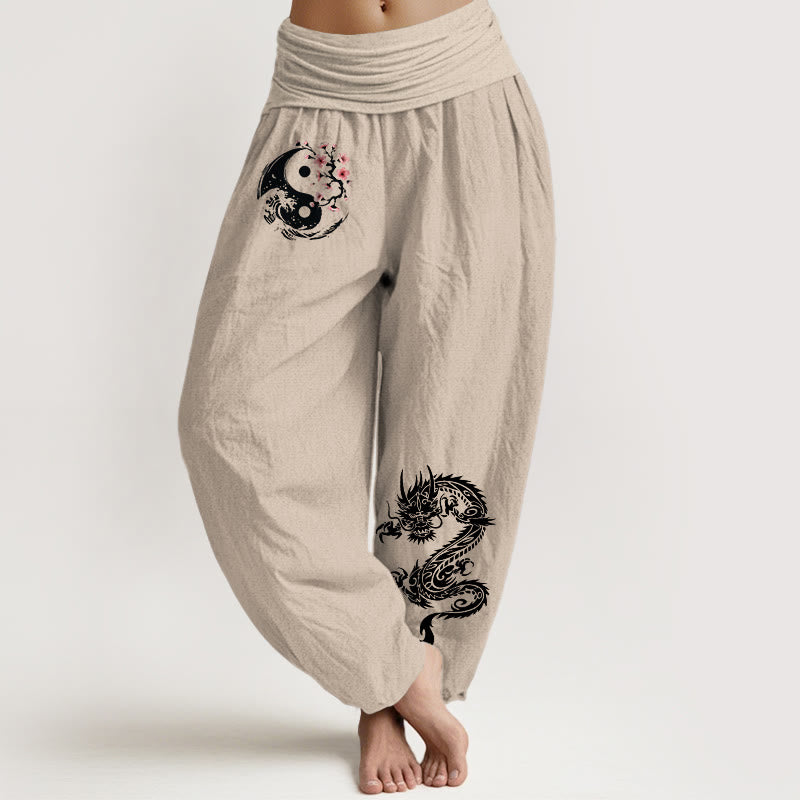 Pantalón tipo harem de cintura elástica para mujer, de algodón puro, con estampado de piedras de Buddha Stones, dragón, yin yang, olas y flores. - Broncearse - US16，UK/AU20，EU48 (3XL) - image 11