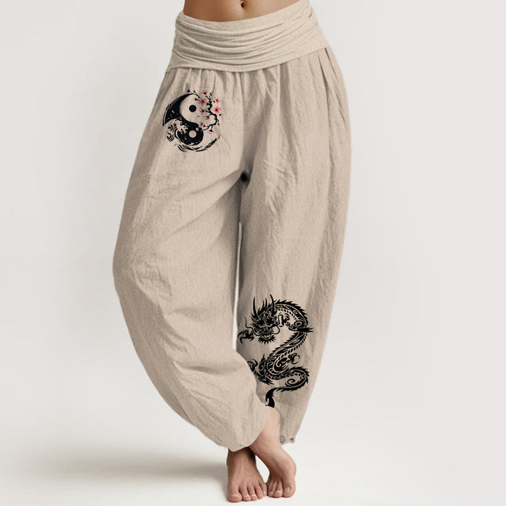 Pantalón tipo harem de cintura elástica para mujer, de algodón puro, con estampado de piedras de Buddha Stones, dragón, yin yang, olas y flores. - Broncearse - US16，UK/AU20，EU48 (3XL) - image 11