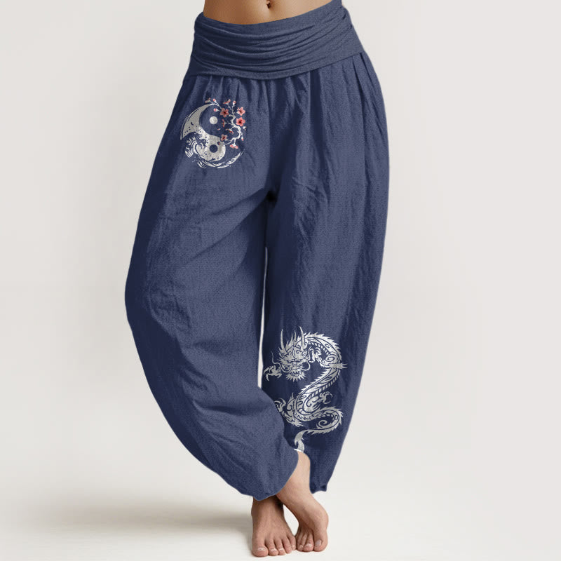 Pantalón tipo harem de cintura elástica para mujer, de algodón puro, con estampado de piedras de Buddha Stones, dragón, yin yang, olas y flores. - Azul pizarra oscuro - US16，UK/AU20，EU48 (3XL) - image 5